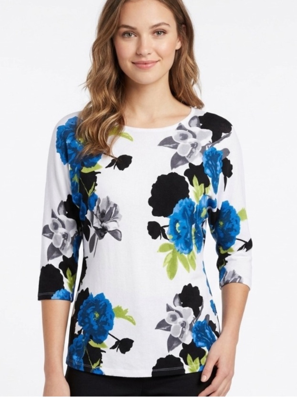 Multiples Women's White Floral Drop-Shoulder Sweater Top with Blue Blooms